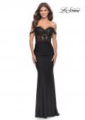 Picture of: Sheer Lace Bodice with Off the Shoulder Straps and Jersey Skirt Gown in Black, Style: 31314, Detail Picture 1