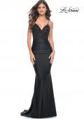 Picture of: Beaded Illusion Top with Ruched Jersey Skirt Prom Dress in Black, Style: 31920, Detail Picture 1