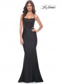Picture of: Bustier Illusion Rhinestone Bodice with Ruched Skirt Prom Dress in Black, Style: 32064, Detail Picture 1