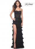 Picture of: Fitted Ruffle Skirt Lace Dress with Illusion Bodice in Black, Style: 32113, Detail Picture 1