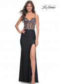 Picture of: Fitted Jersey Prom Dress with Sequin Lace Illusion Bodice in Black, Style: 32133, Detail Picture 1