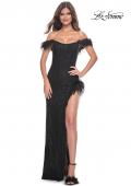 Picture of: Rhinestone Fishnet Dress with Feather Off the Shoulder Straps and Slit in Black, Style: 32151, Detail Picture 1