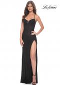 Picture of: Fishnet Rhinestone Prom Dress with Bustier Top and High Slit in Black, Style: 32210, Detail Picture 1