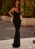 Picture of: Net Jersey Prom Dress with Lace Neckline Detail in Black , Style 32357, Detail Picture 1