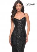 Picture of: Black Print Sequin Stretch Dress with Lace Up Back in Black, Style: 32415, Detail Picture 1