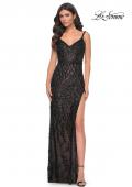Picture of: Beaded Gown with Intricate Design and V Neckline in Black, Style: 32450, Detail Picture 1