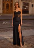Picture of: Evening Dress with Illusion Strapless Bodice and Lace Applique in Black , Style 32912, Detail Picture 1