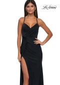 Picture of: Criss Cross Ruched Evening Dress with High Slit and Lace Up Back in Black , Style: 33115, Detail Picture 1