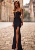 Picture of: Strapless Lace Applique Corset Gown with Slit in Black, Style: 33368, Detail Picture 1