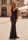Picture of: Fitted Net Jersey Evening Gown with Ruched Bodice and Spaghetti Straps in Black, Style: 33411, Detail Picture 1