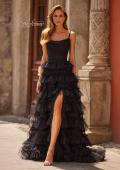 Picture of: Tiered Ruffle Gown with Beaded Bodice and High Slit in Black, Style: 33493, Detail Picture 1