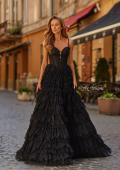 Picture of: Tiered Lace A-Line Gown with Corset Bodice and Slit in Black, Style: 33525, Detail Picture 1
