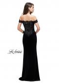 Picture of: Long Velvet Off the Shoulder Gown with Lace Detail in Black, Style: 25591, Detail Picture 2