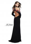 Picture of: Form Fitting Jersey Prom Dress with Floral Applique in Black, Style: 25807, Detail Picture 2