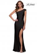 Picture of: One Shoulder Shiny Ruched Jersey Dress with Slit in Black, Style 29619, Detail Picture 2
