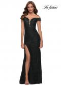 Picture of: Lace Off the Shoulder Gown with Deep V Neckline in Black, Style 29693, Detail Picture 2