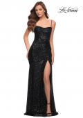 Picture of: Lace Up Back Sequin Gown with Flare Skirt in Black, Style 29741, Detail Picture 2