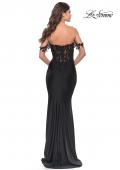 Picture of: Sheer Lace Bodice with Off the Shoulder Straps and Jersey Skirt Gown in Black, Style: 31314, Detail Picture 2