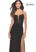 Picture of: Lace Bodice with Tie Up Deep V Neckline Jersey Dress in Black, Style: 31567, Detail Picture 2