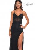 Picture of: Rhinestone Embellished Fitted Dress with Illusion Bustier Top in Black, Style: 31701, Detail Picture 2
