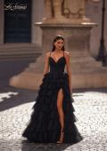 Picture of: A-Line Ruffle Tulle Gown with High Slit and Lace Up Back in Black, Style: 32086, Detail Picture 2