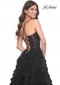 Picture of: Ruffle A-Line Dress with Ruched Bodice and Sequin Lace Applique in Black, Style: 32108, Detail Picture 2