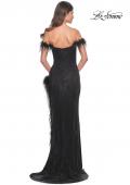 Picture of: Rhinestone Fishnet Dress with Feather Off the Shoulder Straps and Slit in Black, Style: 32151, Detail Picture 2