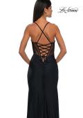 Picture of: Criss Cross Ruched Evening Dress with High Slit and Lace Up Back in Black , Style: 33115, Detail Picture 2