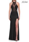Picture of: High Neck Rhinestone Illusion Gown with Slit and Lace-Up Back in Black, Style: 33766, Detail Picture 2