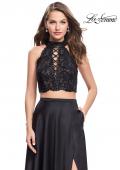 Picture of: Two piece gown with lace up top and satin A line skirt in Black, Style: 25263, Detail Picture 3