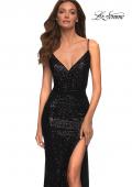 Picture of: Long Sequin Gown with Wrap Style Top and Slit in Black, Detail Picture 3