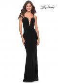 Picture of: Net Jersey Gown with Jeweled Detail in Deep V Neckline in Black, Style: 31114, Detail Picture 3