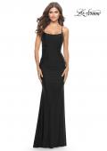 Picture of: Intricate Lace Up Back Jersey Gown with Ruching in Black, Style: 31330, Style: 31330