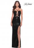 Picture of: Stretch Sequin Dress with Unique Front Cut Outs in Black, Style: 31549, Style: 31549