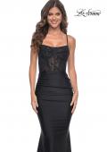 Picture of: Ruched Jersey Dress with Illusion Corset Lace Top in Black, Style: 31857, Detail Picture 3