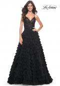 Picture of: Ruffle A-Line Dress with Ruched Bodice and Sequin Lace Applique in Black, Style: 32108, Detail Picture 3