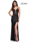 Picture of: Sheer Lace Top with Ruched Jersey Skirt Prom Dress in Black, Style: 32132, Detail Picture 3