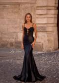 Picture of: Fitted Satin Mermaid Gown with Lace Bodice and Deep V in Black , Style 32916, Detail Picture 3