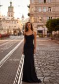 Picture of: Ruched Net Jersey Gown with Square Neckline in Black , Style 33086, Detail Picture 3