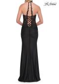 Picture of: High Neck Rhinestone Illusion Gown with Slit and Lace-Up Back in Black, Style: 33766, Detail Picture 3