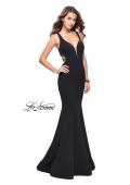 Picture of: Long Jersey Mermaid Dress with Deep V and Strappy Back in Black, Style: 25594, Detail Picture 2