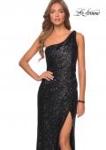 Picture of: Long Sequin One Shoulder Ruched Prom Dress in Black, Style: 28401, Detail Picture 4