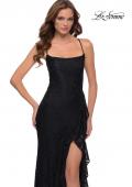 Picture of: Stretch Lace Dress with Ruffle Skirt Detail and Slit in Black, Style 29650, Detail Picture 4