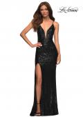 Picture of: Sequin Gown with Deep V Neckline and Lace Up Back in Black, Style: 30388, Detail Picture 4