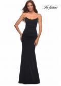 Picture of: Net Jersey Long Dress with Ruching and Diamond Straps in Black, Style: 30701, Detail Picture 4