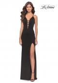 Picture of: Fitted Matte Jersey Gown with Unique Deep V Neckline in Black, Style: 31370, Detail Picture 4