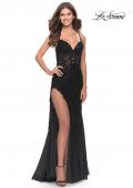 Picture of: Long Tulle Gown with Stunning Beaded Lace Applique Details in Black, Style: 31382, Detail Picture 4