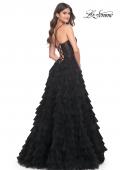 Picture of: Ruffle A-Line Dress with Ruched Bodice and Sequin Lace Applique in Black, Style: 32108, Detail Picture 4