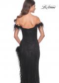 Picture of: Rhinestone Fishnet Dress with Feather Off the Shoulder Straps and Slit in Black, Style: 32151, Detail Picture 4