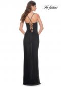 Picture of: Rhinestone Fishnet Gown with Lace Detail and High Slit in Black, Style: 32218, Detail Picture 4